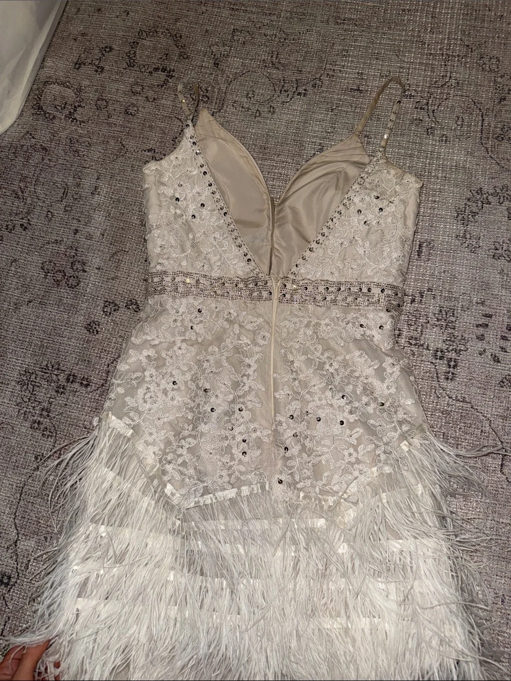 Custom Ivory Embellished Lace & Feather Mini Dress - Picture 6 of 11